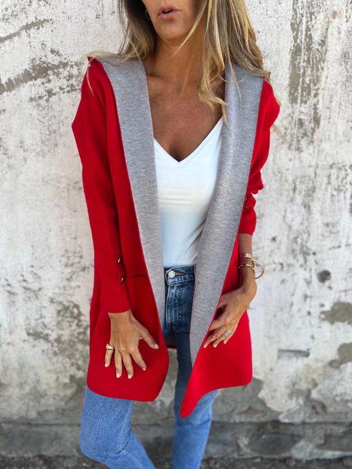 Longline Hooded Open Front Knit Jacket - Red