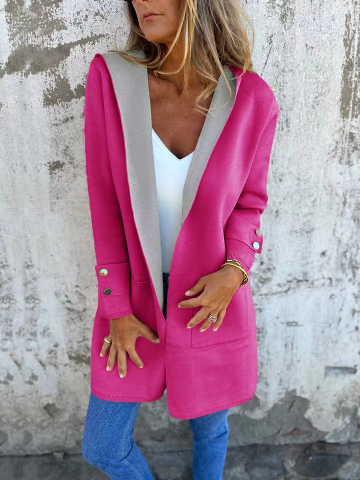 Longline Hooded Open Front Knit Jacket - Rose