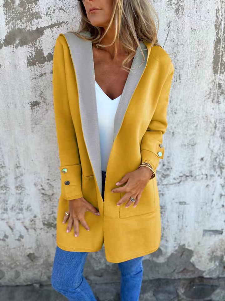 Longline Hooded Open Front Knit Jacket - Yellow