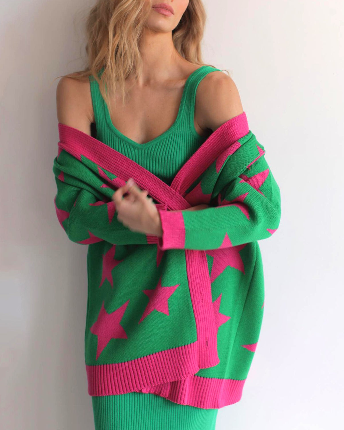 Star Intarsia Oversized Knit Cardigan - Green