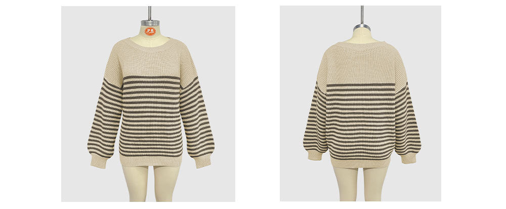 Breton Stripe Boat Neck Knit Sweater - Khaki - 2