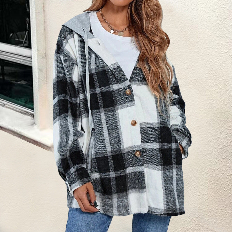 Plaid Hooded Button Front Shirt Jacket - Black