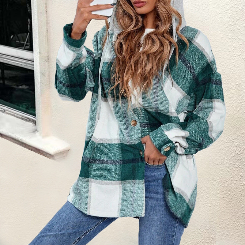 Plaid Hooded Button Front Shirt Jacket - Green