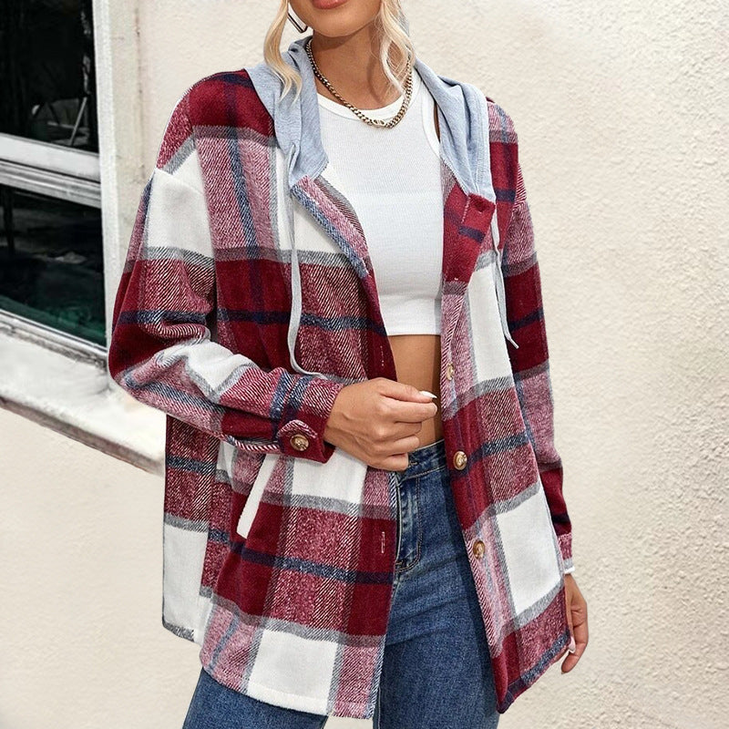 Plaid Hooded Button Front Shirt Jacket - Red