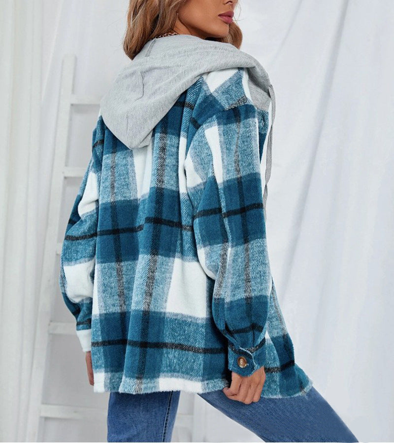 Plaid Hooded Button Front Shirt Jacket