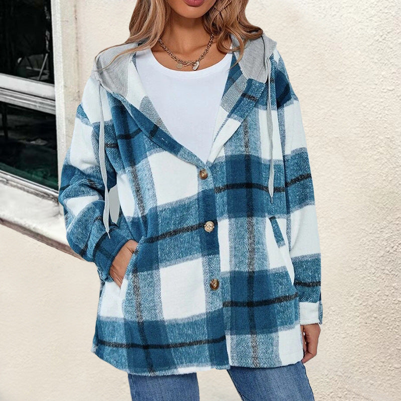 Plaid Hooded Button Front Shirt Jacket - view 1