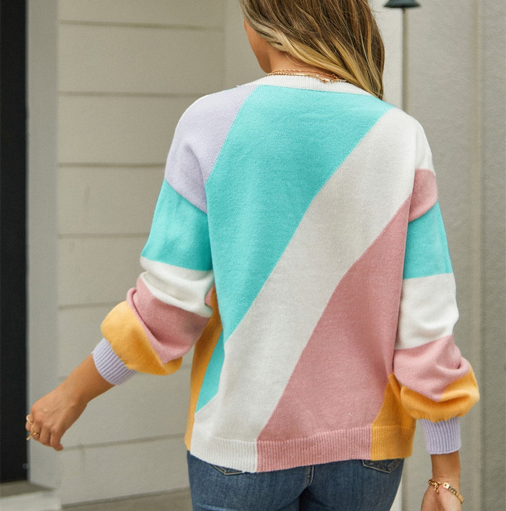 Diagonal Panel Balloon Sleeve Knit Jumper - Green - 2