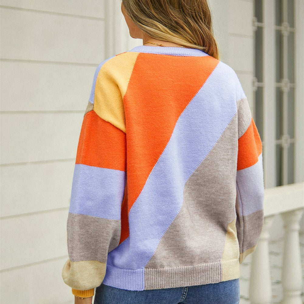 Diagonal Panel Balloon Sleeve Knit Jumper - Orange - 3
