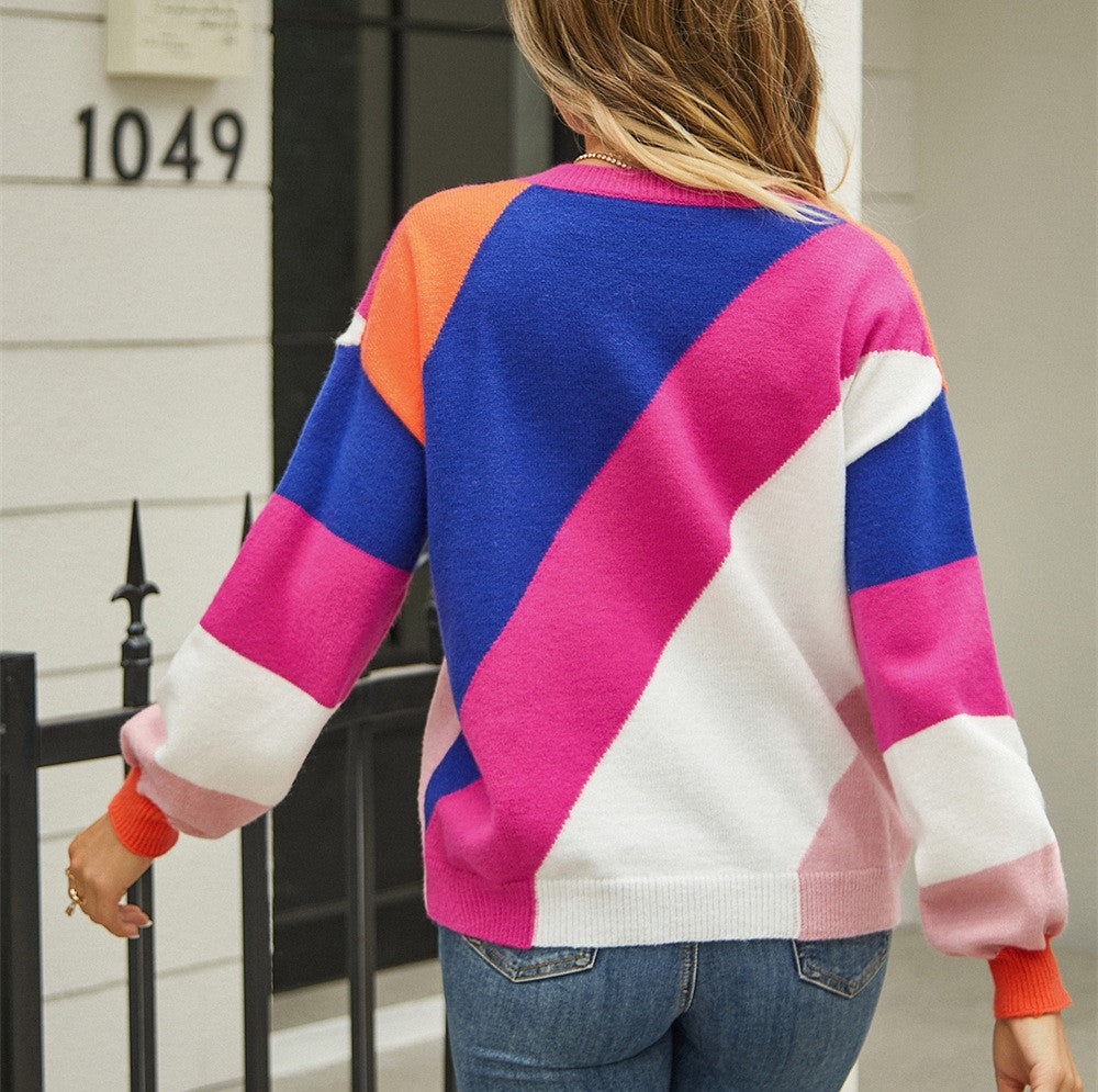 Diagonal Panel Balloon Sleeve Knit Jumper - RoseRed - 3