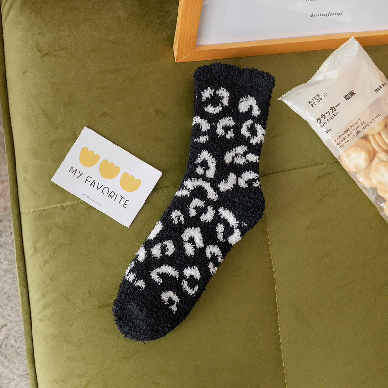 Soft Plush Spotted Print Crew Socks - Black