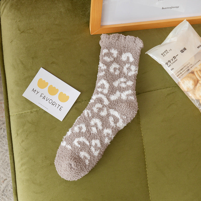 Soft Plush Spotted Print Crew Socks - Khaki