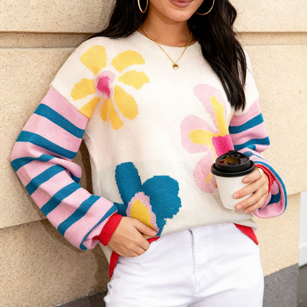 Bold Bloom Striped Sleeve Knit Sweater - White