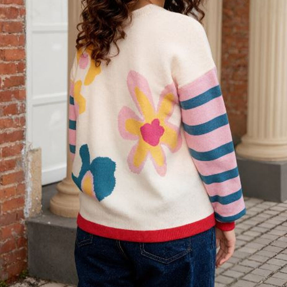 Bold Bloom Striped Sleeve Knit Sweater