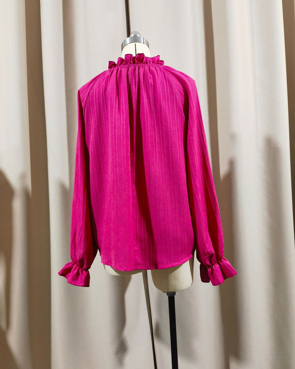 Ruffle Neck Flounce Cuff Crinkle Shirt - Rose-Red - 2
