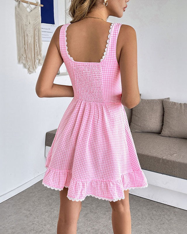 Gingham Ruffle Hem Tie Front Mini Sundress - Pink - 3