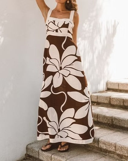 Square Neck Floral Print Maxi Sundress - Brown