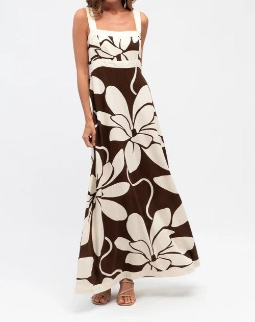 Square Neck Floral Print Maxi Sundress - Brown - 1