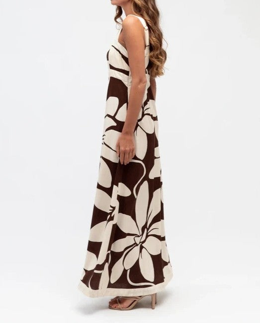 Square Neck Floral Print Maxi Sundress - Brown - 2