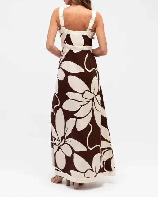 Square Neck Floral Print Maxi Sundress - Brown - 3