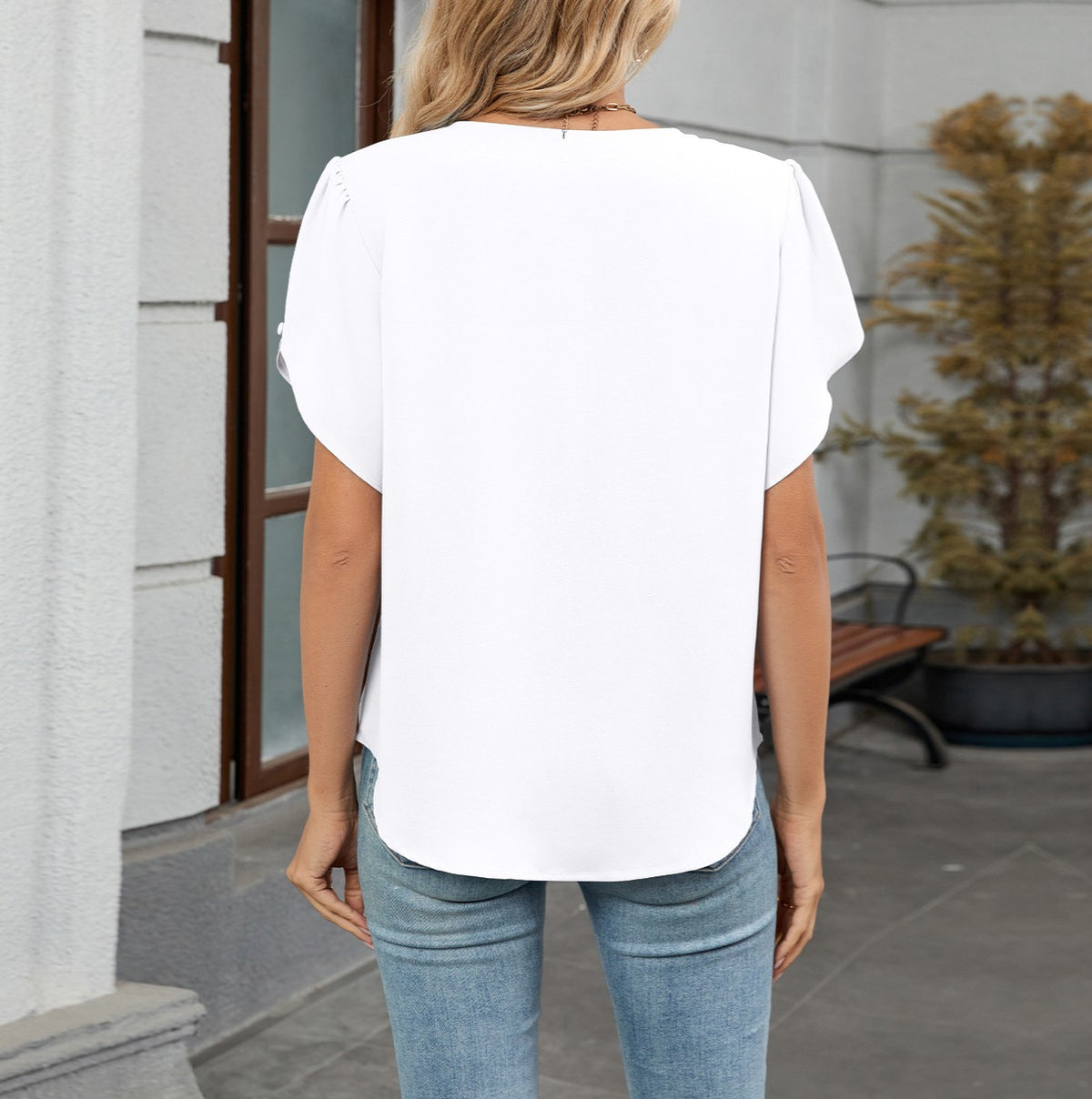 Pleated Petal Sleeve Curved Hem Chiffon Top - White - 1