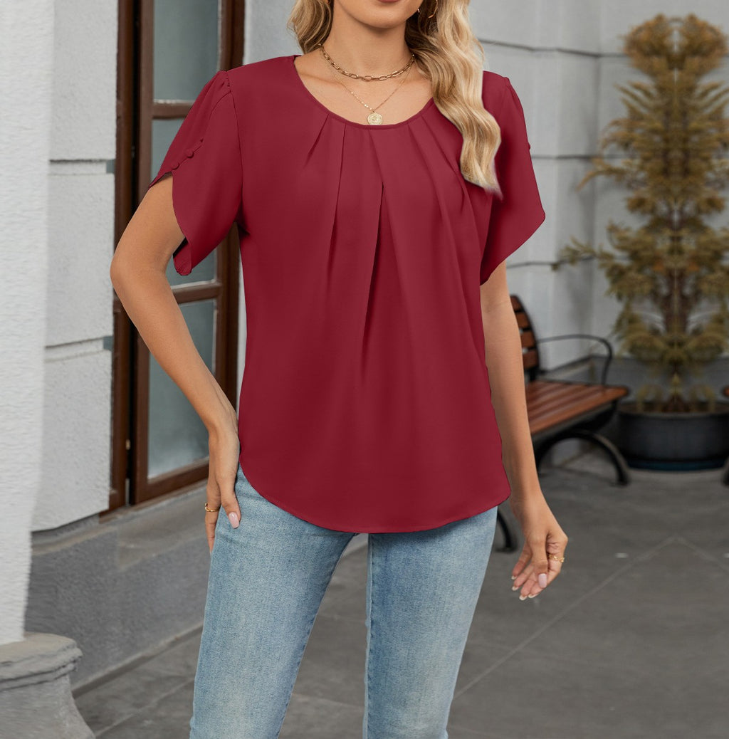 Pleated Petal Sleeve Curved Hem Chiffon Top - Winered