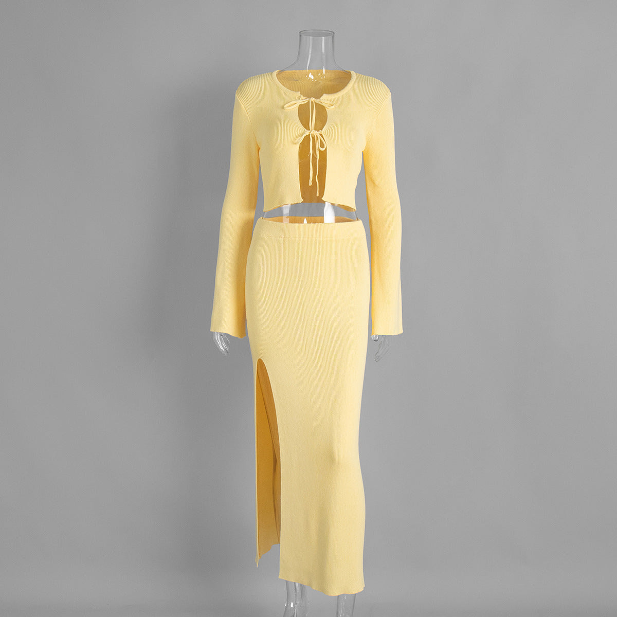 Ribbed Tie Front Top And Split Skirt Set - Yellow