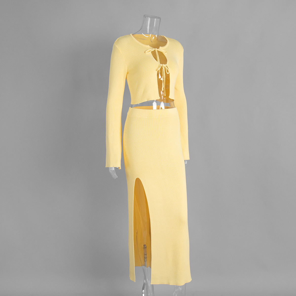 Ribbed Tie Front Top And Split Skirt Set - Yellow - 1