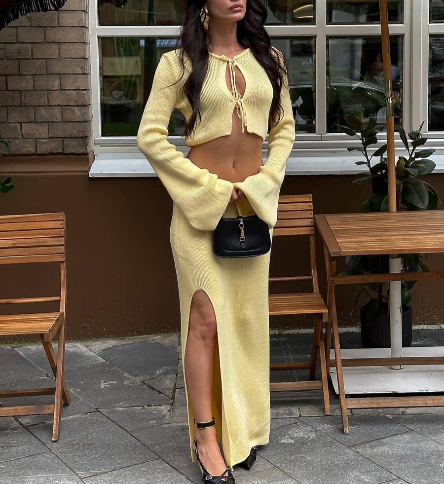 Ribbed Tie Front Top And Split Skirt Set
