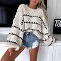 Chunky Bobble Stripe Crewneck Knit Sweater - White