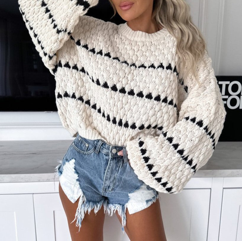 Chunky Bobble Stripe Crewneck Knit Sweater - White - 1