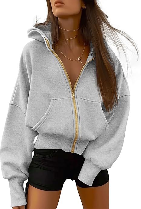 Cropped Zip-Up Hoodie with Balloon Sleeves - Grey