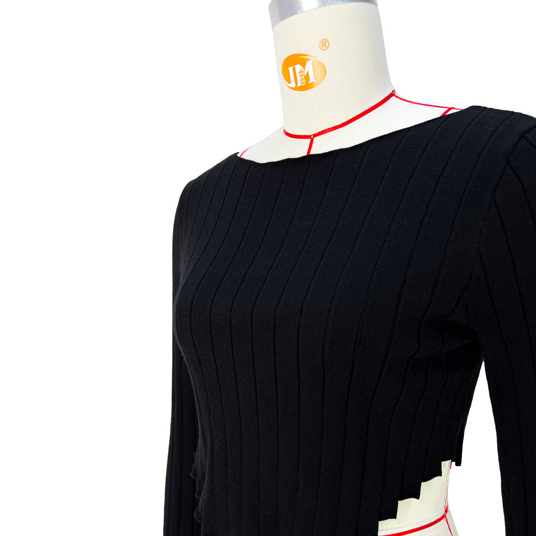 Ribbed Zigzag Hem Long Sleeve Crop Top - Black - 1