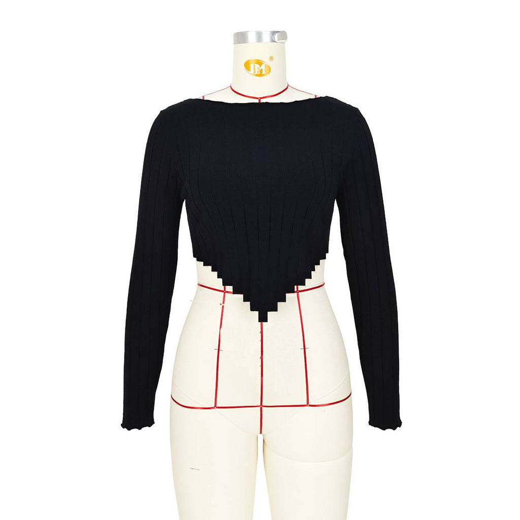 Ribbed Zigzag Hem Long Sleeve Crop Top - Black - 10