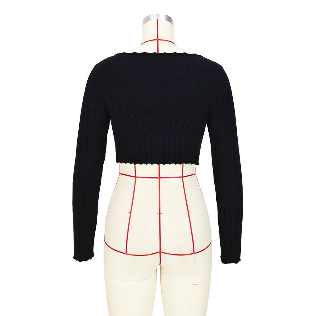 Ribbed Zigzag Hem Long Sleeve Crop Top - Black - 16