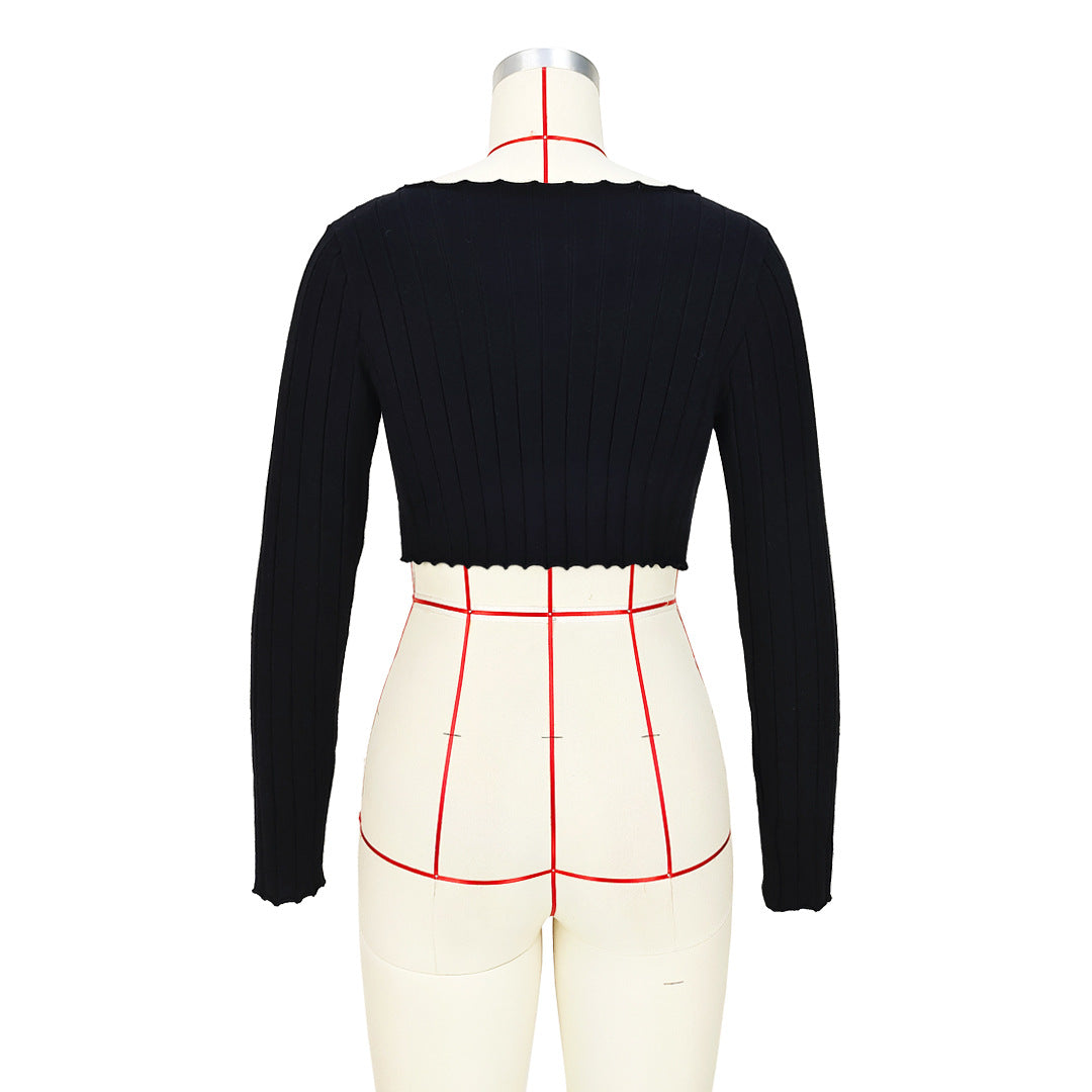 Ribbed Zigzag Hem Long Sleeve Crop Top - Black - 16