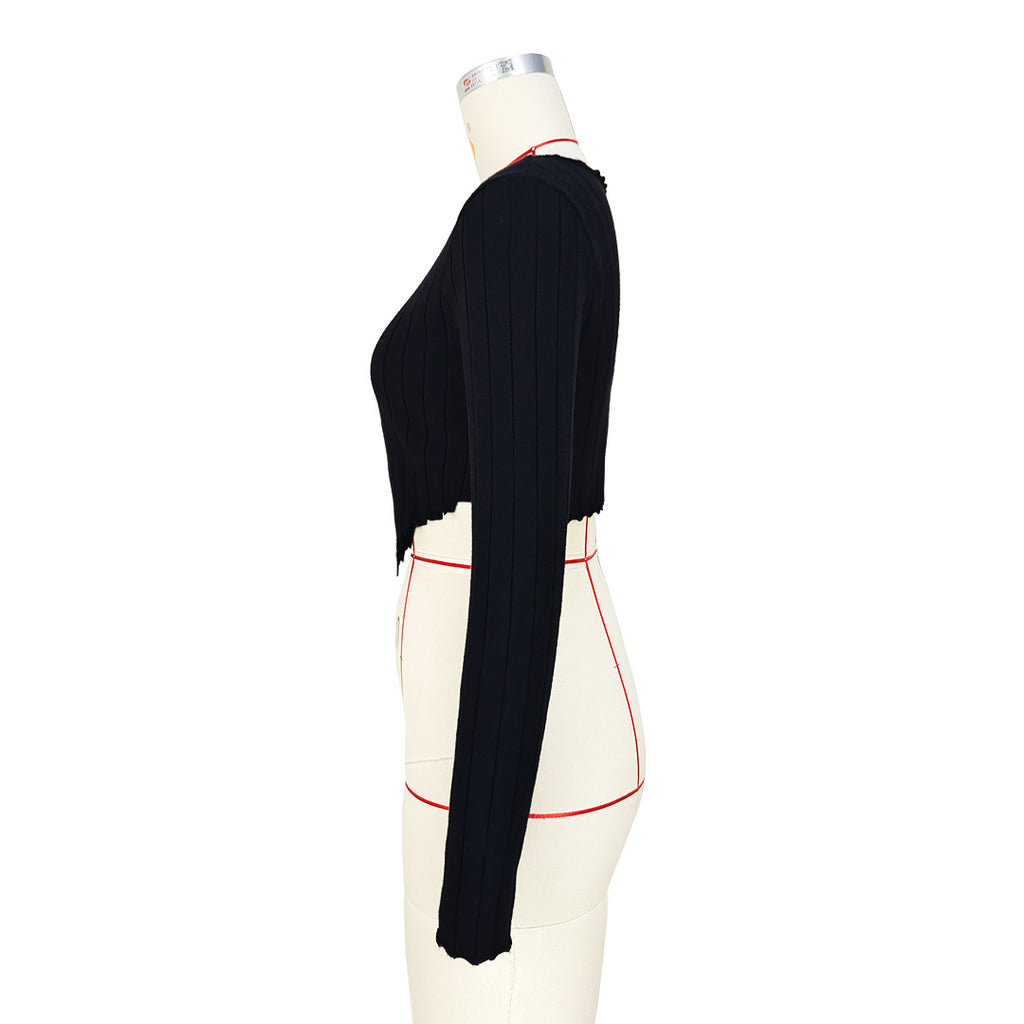 Ribbed Zigzag Hem Long Sleeve Crop Top - Black - 3