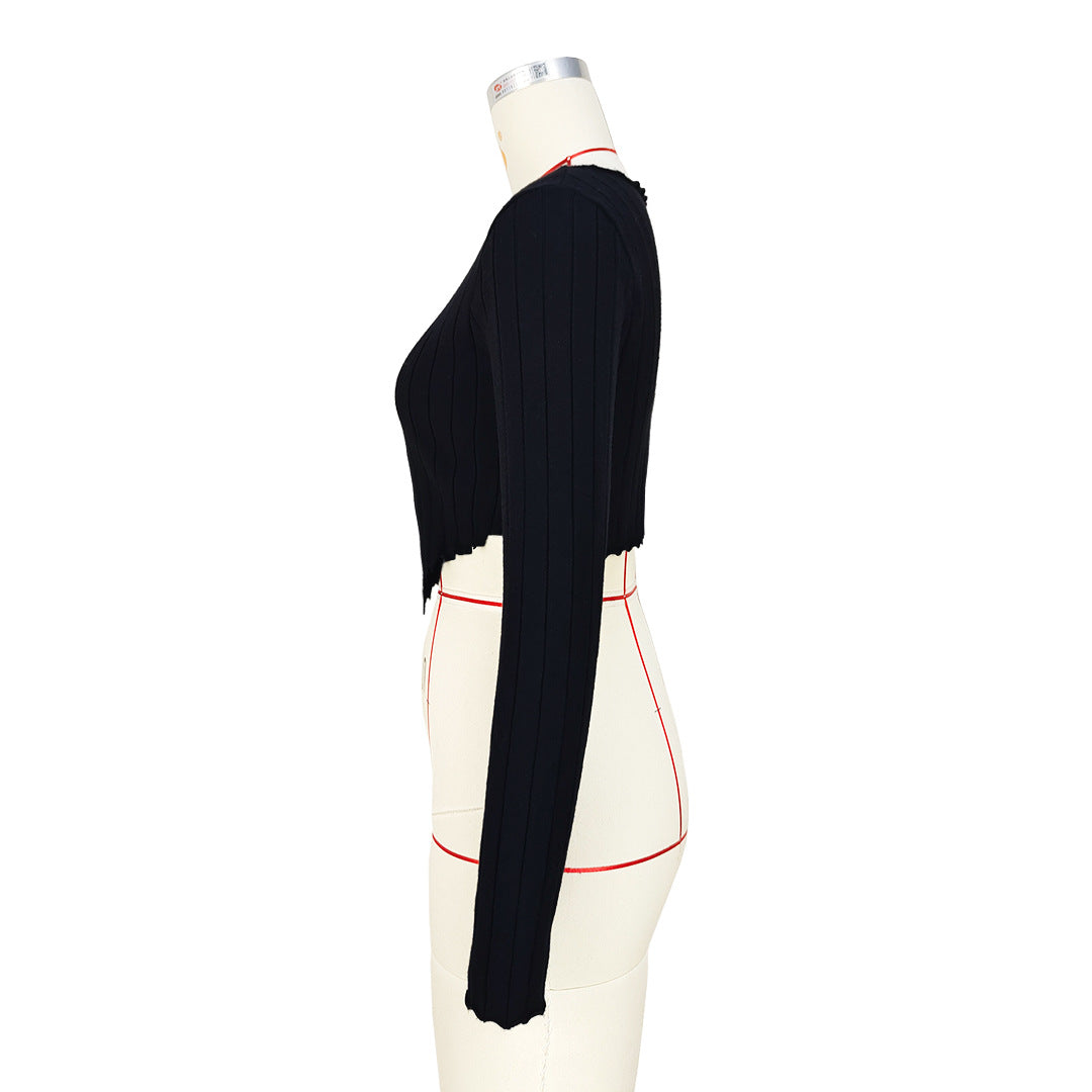 Ribbed Zigzag Hem Long Sleeve Crop Top - Black - 3