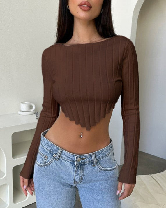 Ribbed Zigzag Hem Long Sleeve Crop Top - brown
