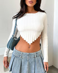 Ribbed Zigzag Hem Long Sleeve Crop Top - white