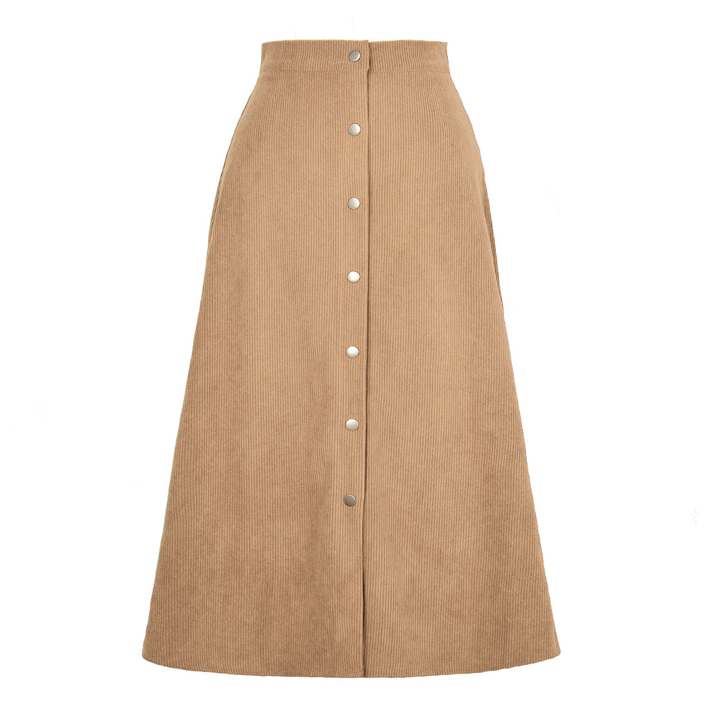 Corduroy Button Front A Line Midi Skirt - Beige - 1