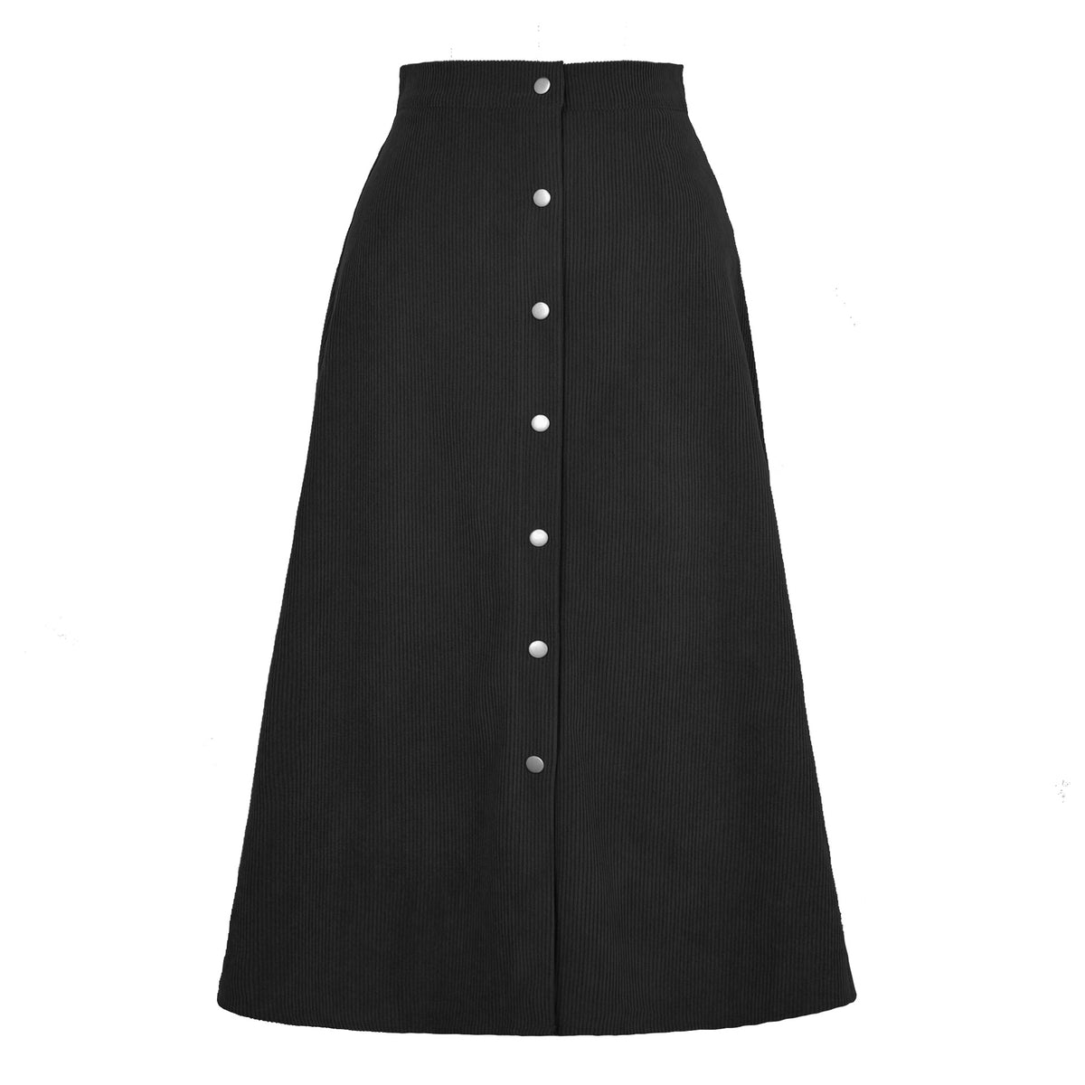 Corduroy Button Front A Line Midi Skirt - Black