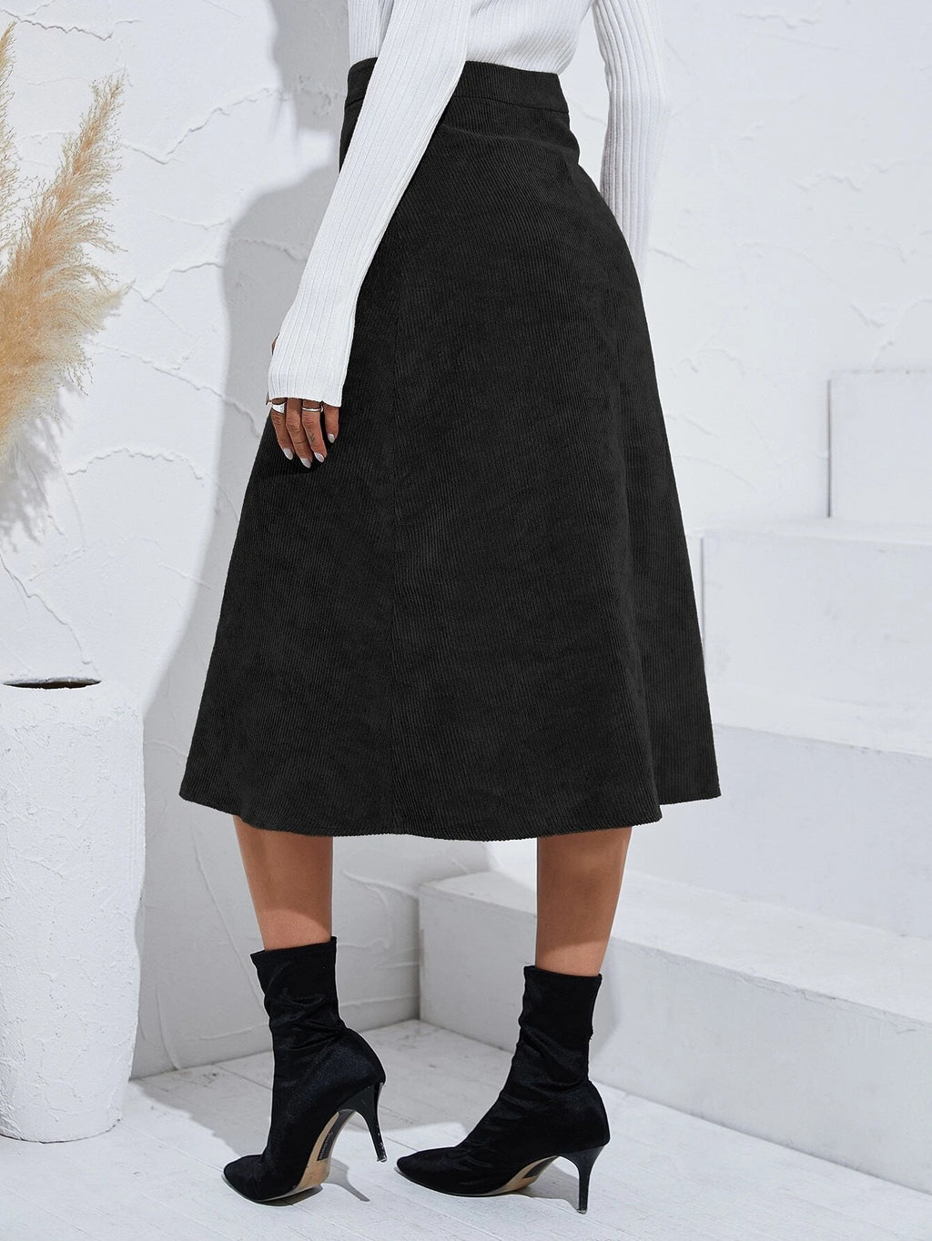 Corduroy Button Front A Line Midi Skirt - Black - 1