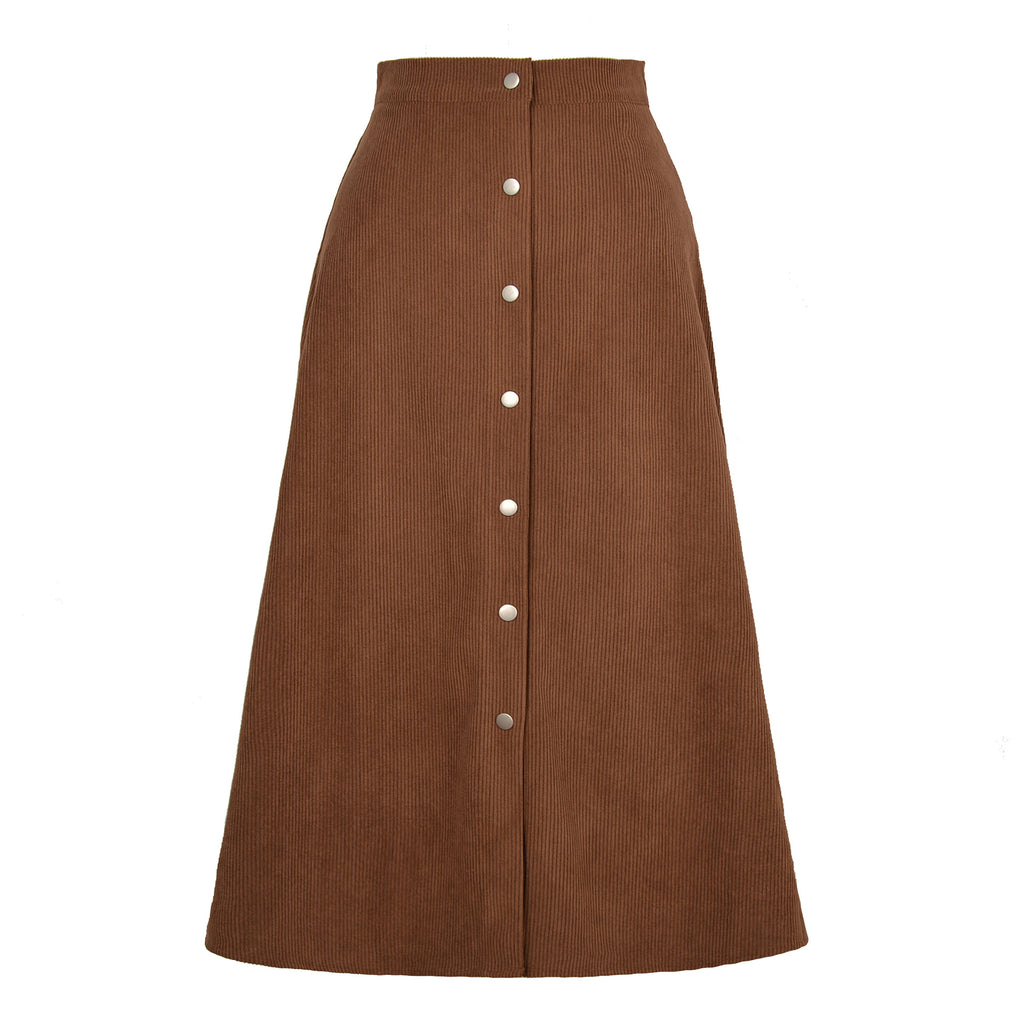 Corduroy Button Front A Line Midi Skirt - Brown