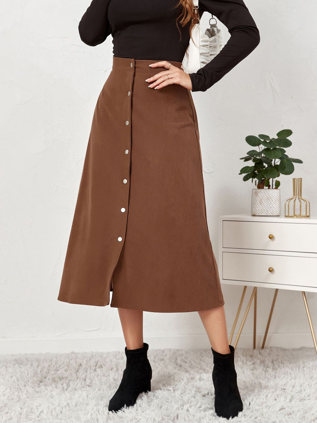 Corduroy Button Front A Line Midi Skirt - Brown - 1
