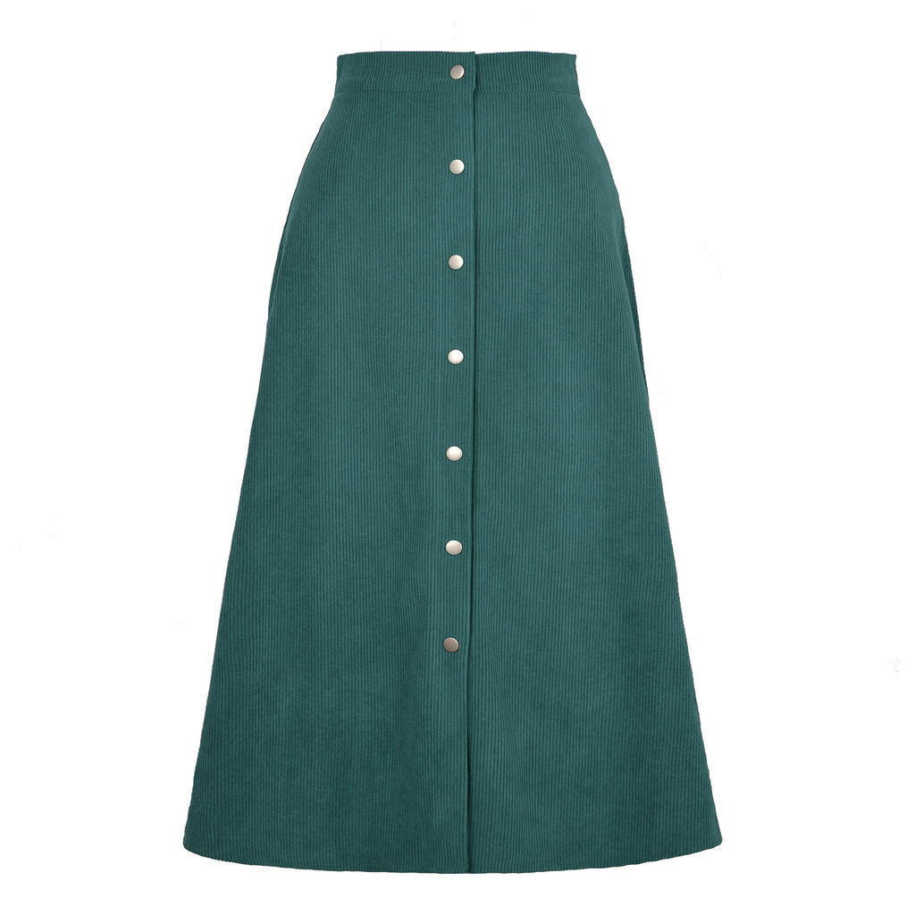 Corduroy Button Front A Line Midi Skirt - Green