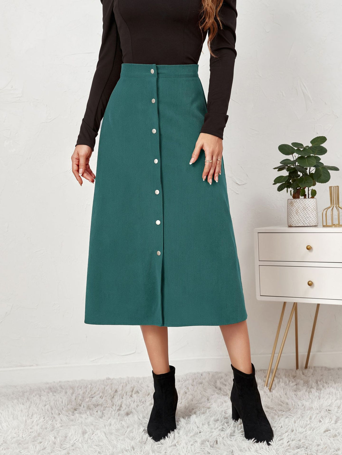 Corduroy Button Front A Line Midi Skirt - Green - 1