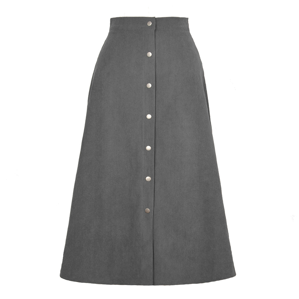 Corduroy Button Front A Line Midi Skirt - Grey