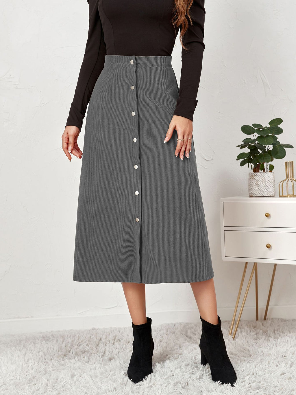 Corduroy Button Front A Line Midi Skirt - Grey - 1
