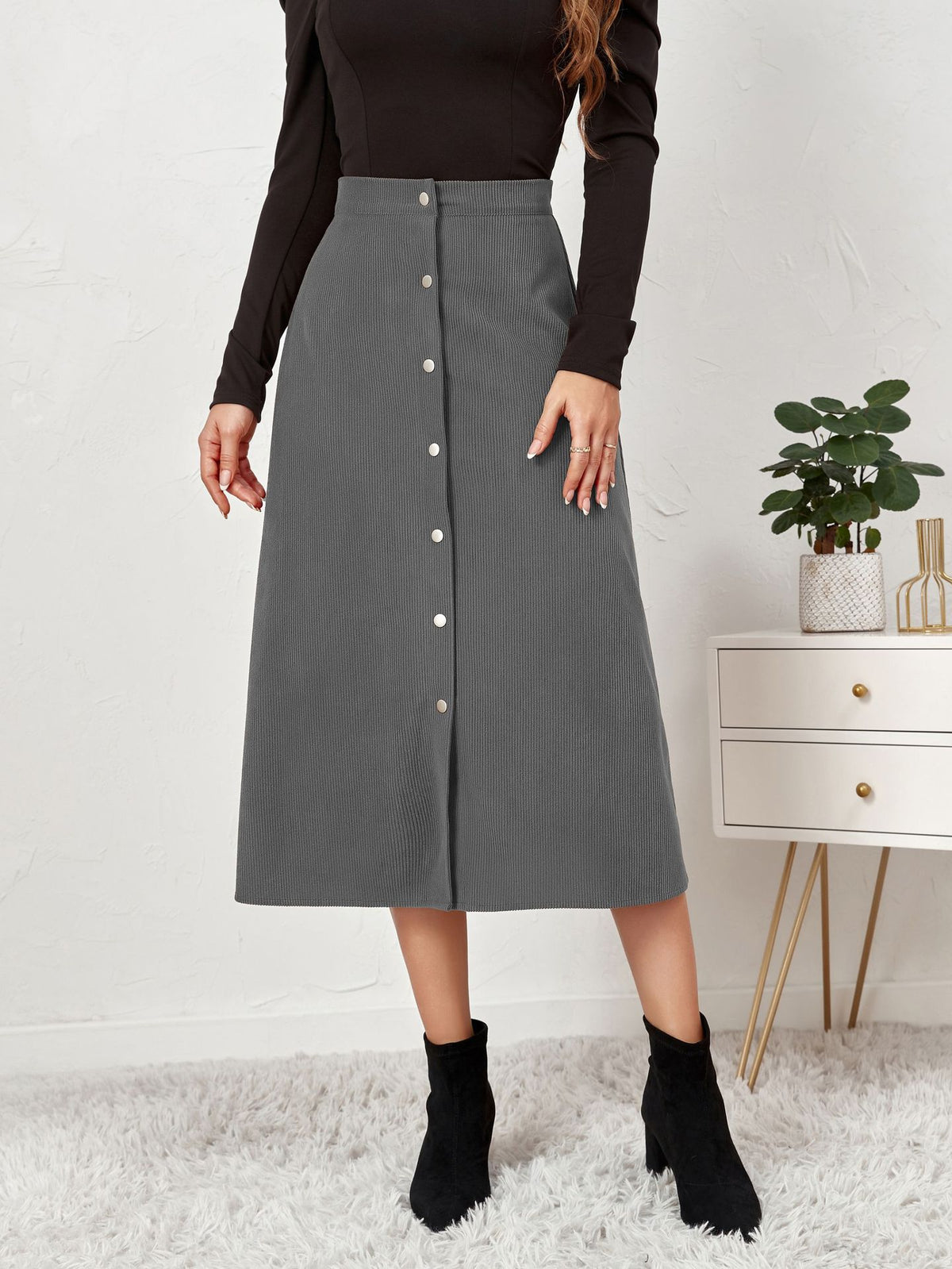 Corduroy Button Front A Line Midi Skirt - Grey - 1