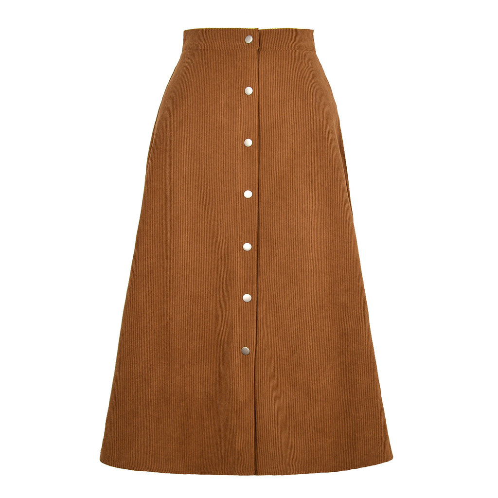 Corduroy Button Front A Line Midi Skirt - Khaki